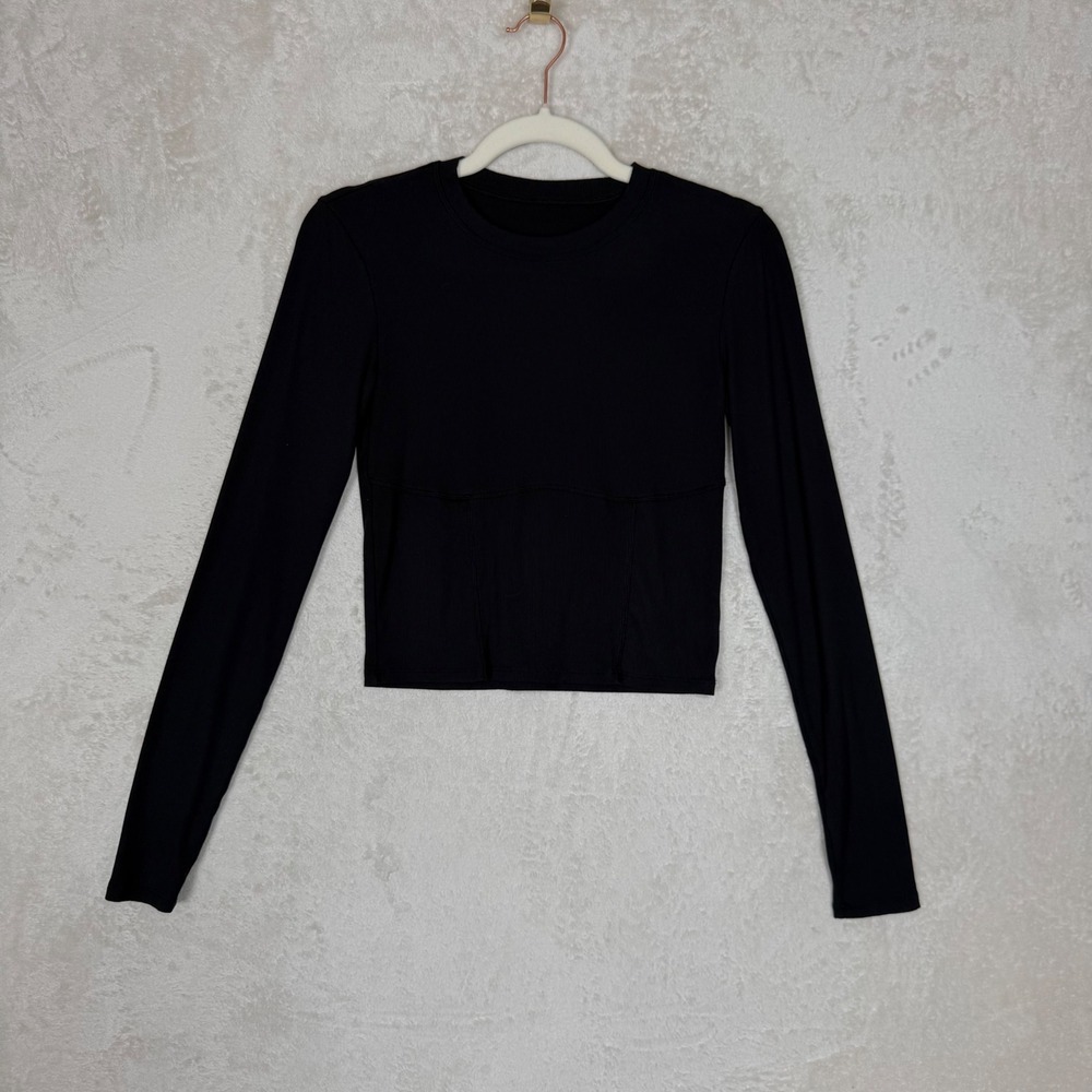 Vuori Womens‎ Ribbed Long Sleeve Pose Crop Top Black Athleisure Pilates Size S